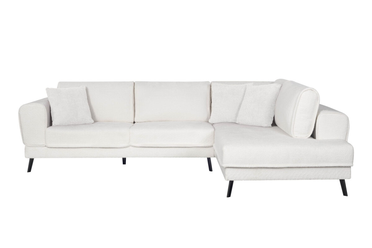 Canapé d'angle IMPERIAL convertible avec 2 coffres pieds métal noir en tissu bouclette