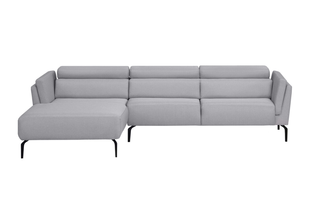 Canapé d'angle LULU fixe avec têtières en tissu et pieds métal