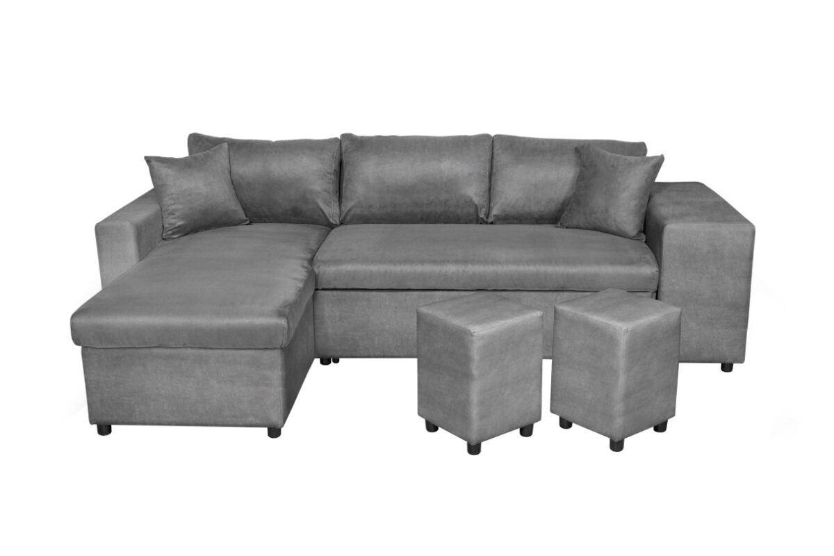 Canapé d'angle MARIA PLUS réversible convertible avec coffre et 2 poufs en microfibre