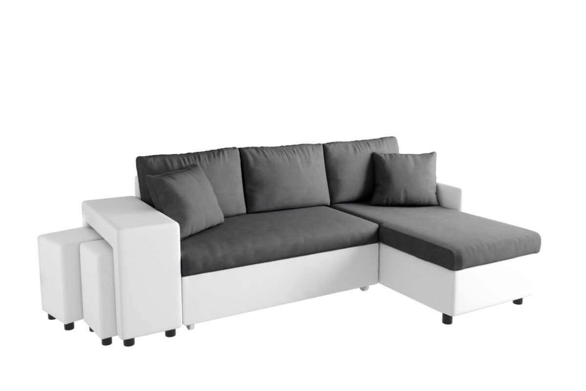 Canapé d'angle MARIA PLUS réversible convertible avec coffre et 2 poufs en microfibre et simili