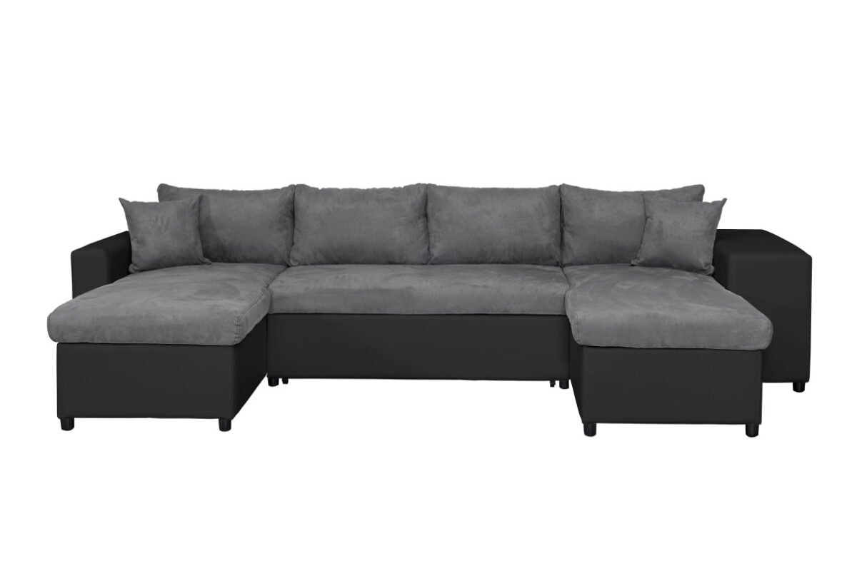 Canapé panoramique MARIA U PLUS convertible avec 2 coffres et 2 poufs en simili et microfibre