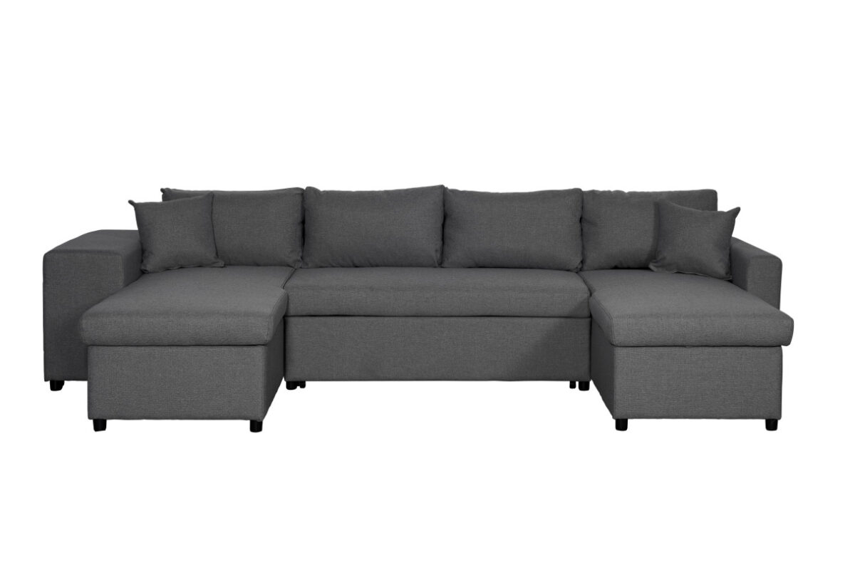 Canapé panoramique convertible MARIA U PLUS avec 2 coffres et 2 poufs en tissu