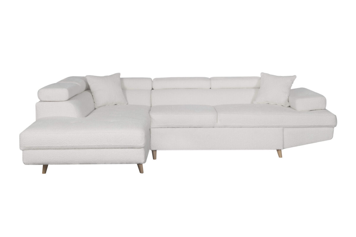 Canapé d'angle RIO SCANDINAVE convertible avec coffre pieds bois en tissu bouclette