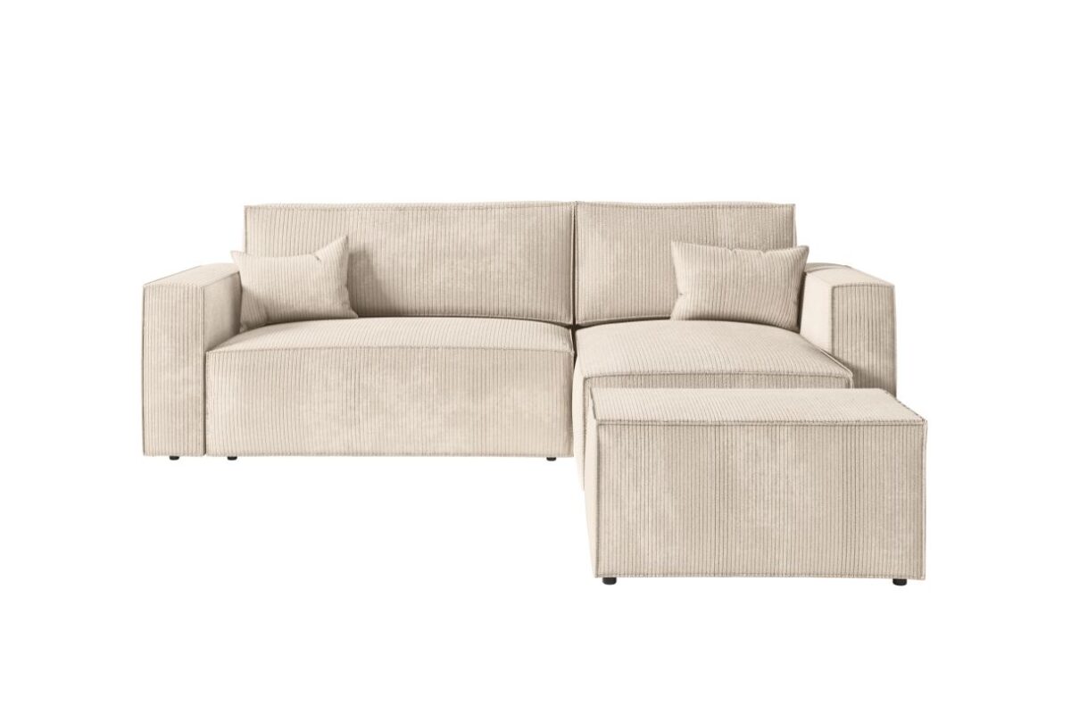 Canapé d'angle CHARLOTTE convertible réversible avec pouf en velours côtelé
