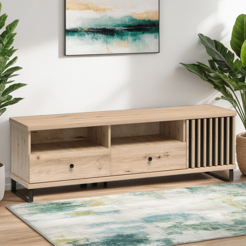 Meuble TV moderne avec façade noire à lattes et corps en panneau stratifié Artisan|Destockage Express|Decora Home
