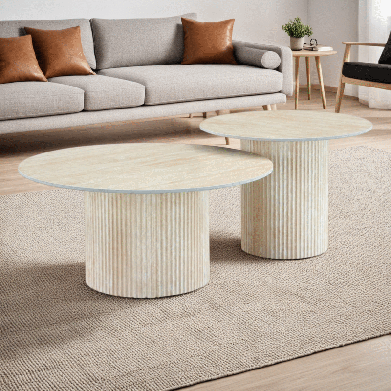 Table basse Plateau marbre en Céramique et Piètement Travertin|Destockage Express|Decora Home