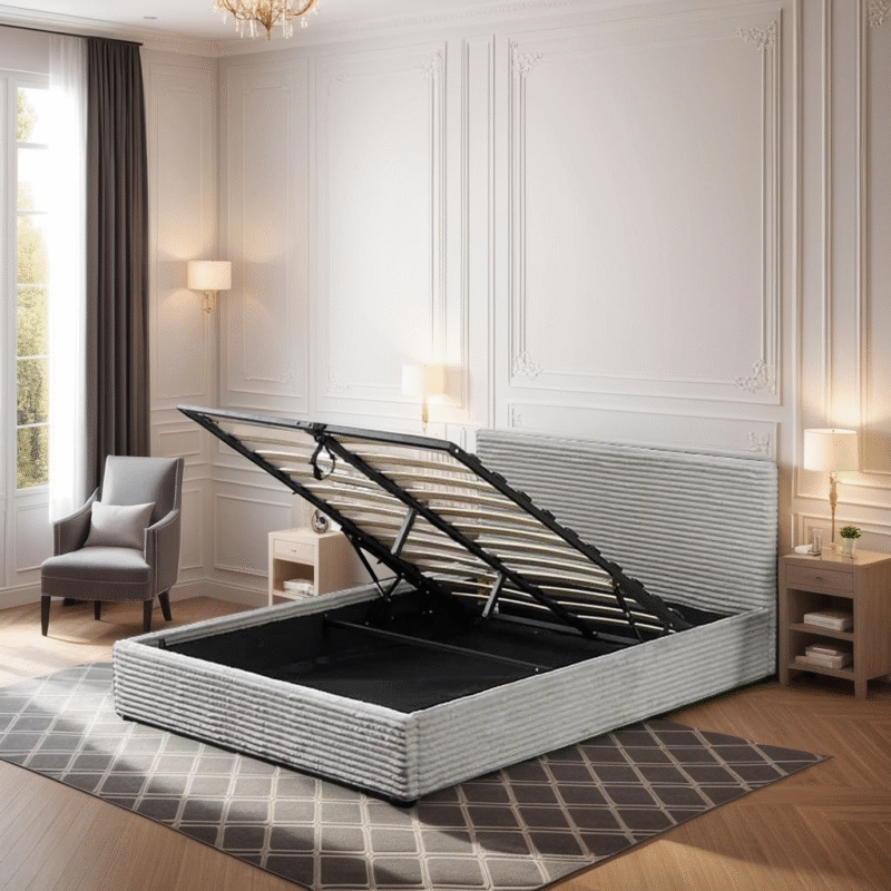 Lit Coffre Maia Côtelé en Velours Écru ou Gris – Style Moderne et Rangement Pratique|Offre Limitée|Decora Home