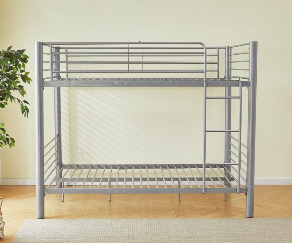 Lit superposé gris avec revêtement et sommiers en acier – 1+1 / 2+1 / 2+2 – 90x190 cm et 140x190 cm|Destockage|Decora Home