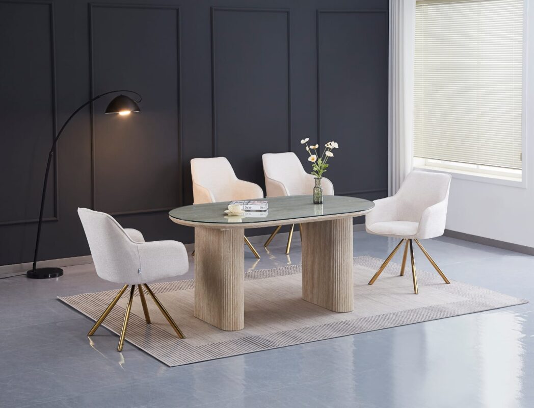 TABLE A MANGER EFFET TRAVERTIN PLATEAU TRANSPARENT 160X90X75|Offre Spéciale|Decora Home