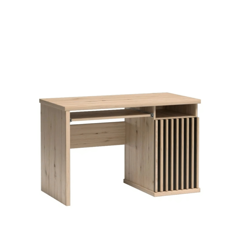 Bureau fonctionnel avec lattes tendance, étagères de rangement et plateau coulissant.|Promo exclusive|Decora Home