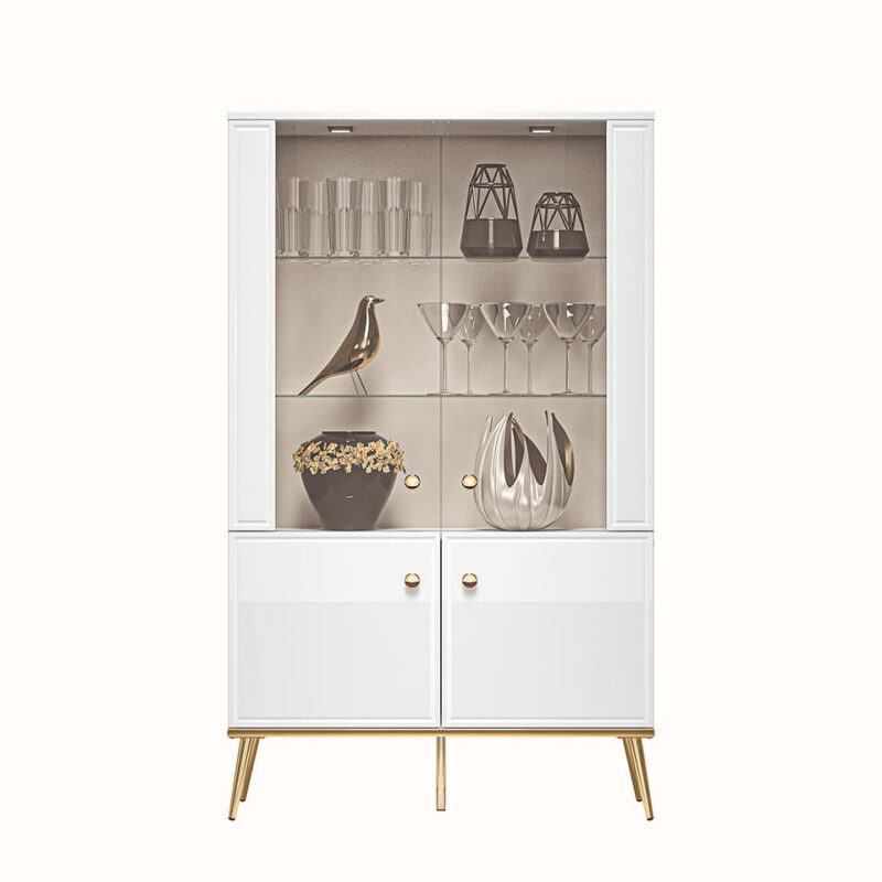 Vitrine en Bois Blanc Laqué Brillant avec Pieds Dorés – Verre Trempé, Éclairage Tactile et Tiroir à Extension|Offre Spéciale|Decora Home