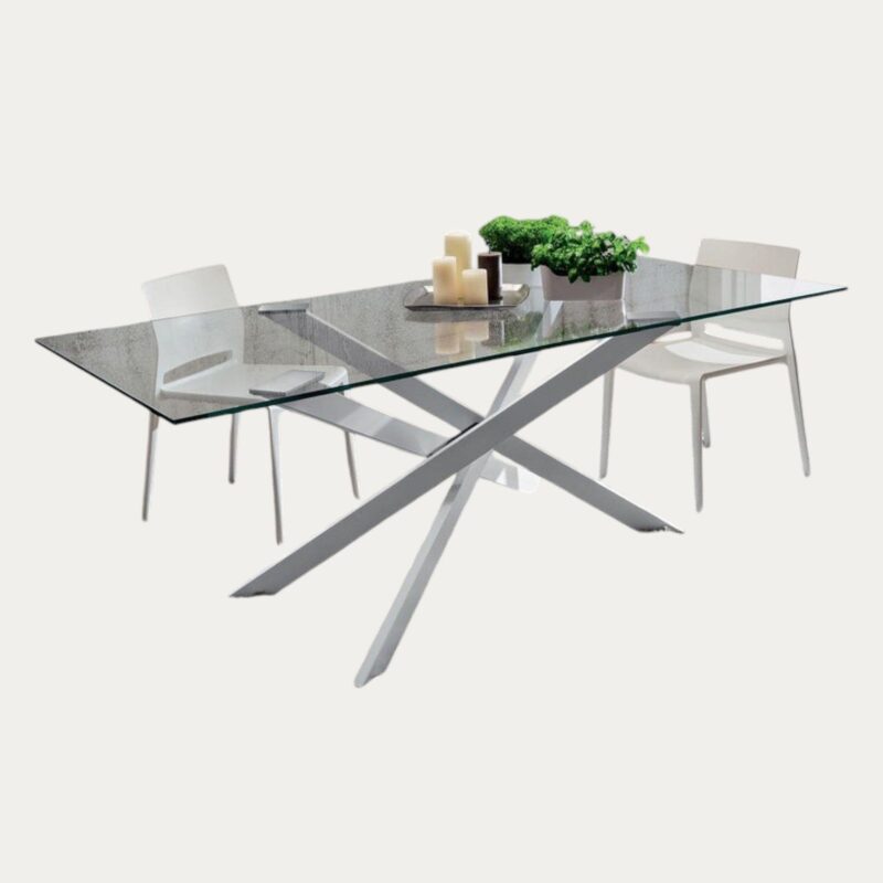 Table à Manger Rectangulaire en Verre Trempé avec Pieds Argentés|Promo exclusive|Decora Home