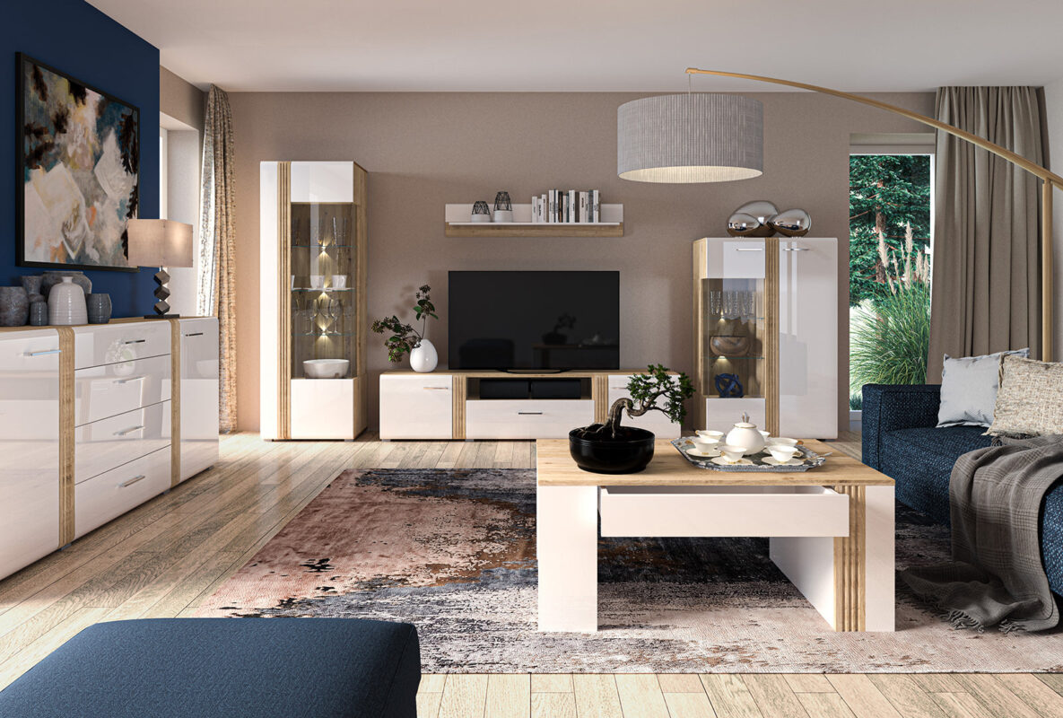 Ensemble Salon Complet Collection Adalio – 6 Pièces - Chêne Castello & MDF Blanc Brillant|Offre Spéciale|Decora Home