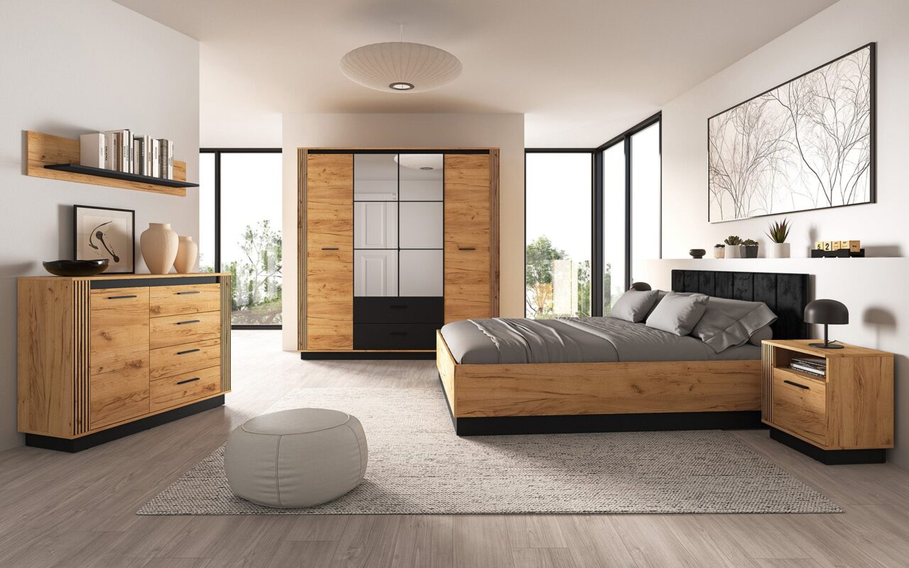 Ensemble Chambre à Coucher –  Collection  URSEN – 5 Pieces - Élégance Contemporaine en Chêne Craft Or & Noir|Offre Spéciale|Decora Home