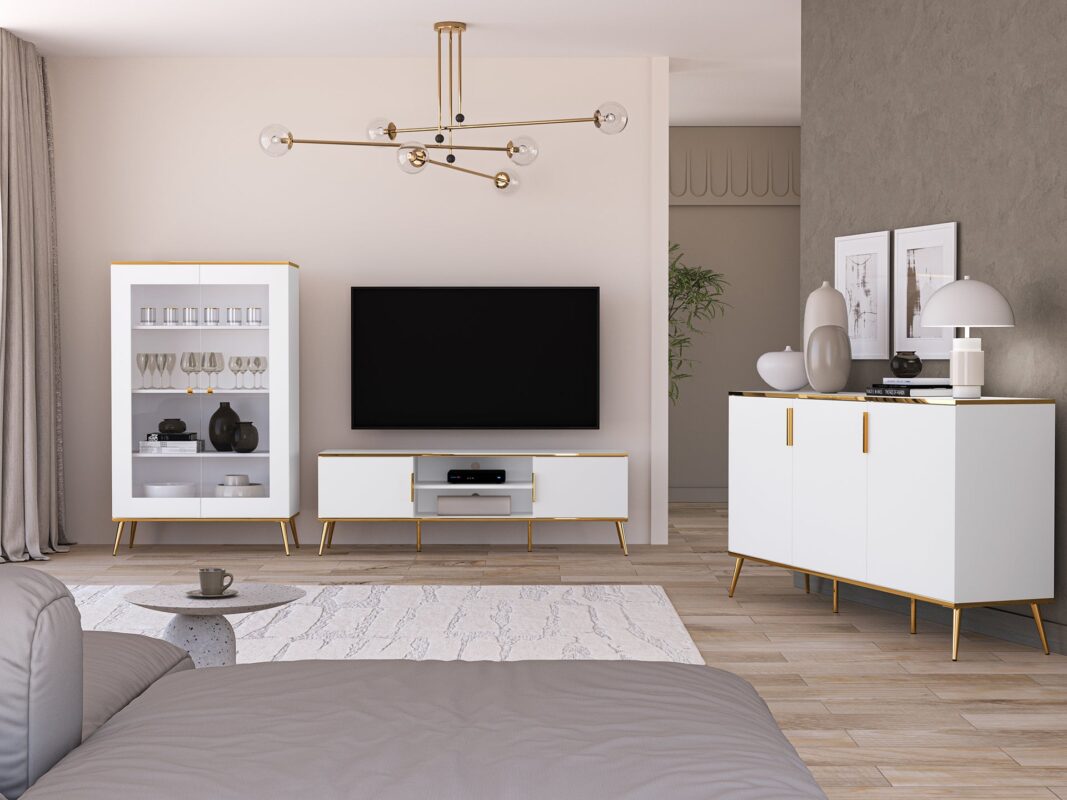 Ensemble salon – Vitrine, meuble TV et buffet blanc au design moderne et fermeture silencieuse|Destockage|Decora Home
