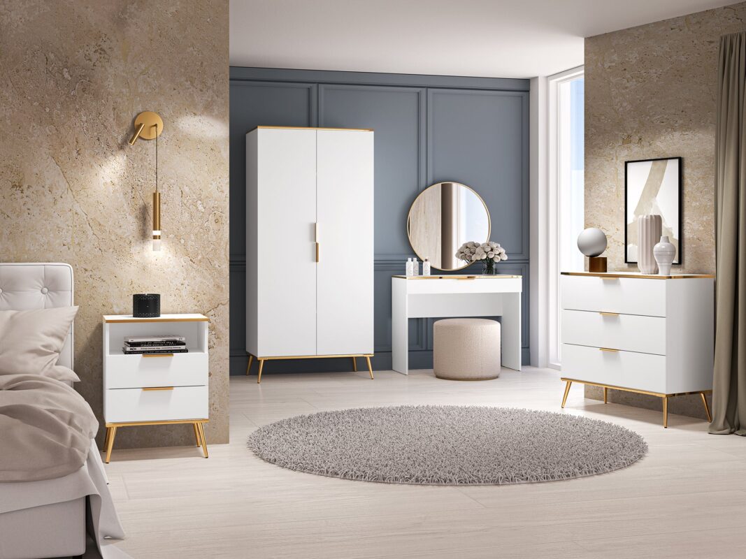 Ensemble chambre à coucher – Armoire, coiffeuse, buffet et table de chevet au design blanc moderne|Destockage|Decora Home