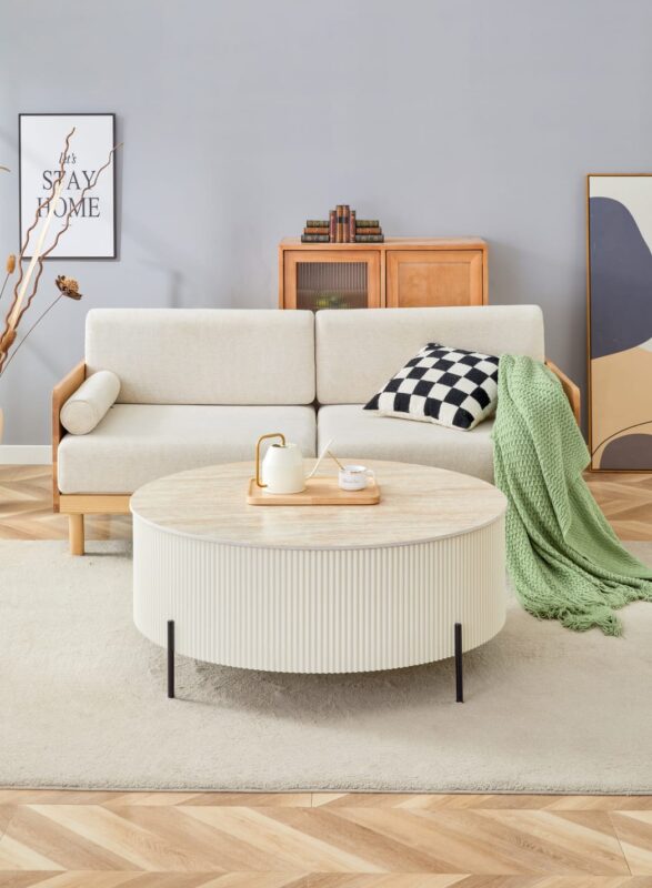 Table basse – Céramique effet travertin mat, pieds noir ou beige, Ø 80 à 100 cm|Offre Spéciale|Decora Home