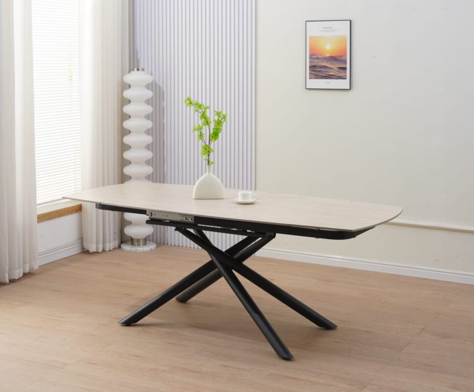 Table repas extensible  – Plateau céramique travertin mat ou blanc – Pied métal noir –  129/189x89x76 cm|Offre Spéciale|Decora Home