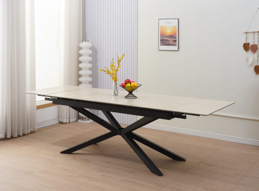 Table repas extensible  – Plateau céramique travertin mat ou blanc –  Pied métal noir – 180/260x90x76 cm|Offre Spéciale|Decora Home