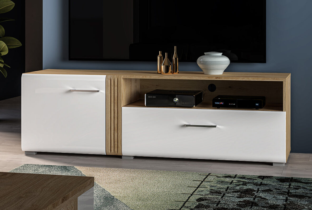 Meuble TV Chêne Castello & Blanc Brillant – Sobriété et Fonctionnalité|Offre Limitée|Decora Home