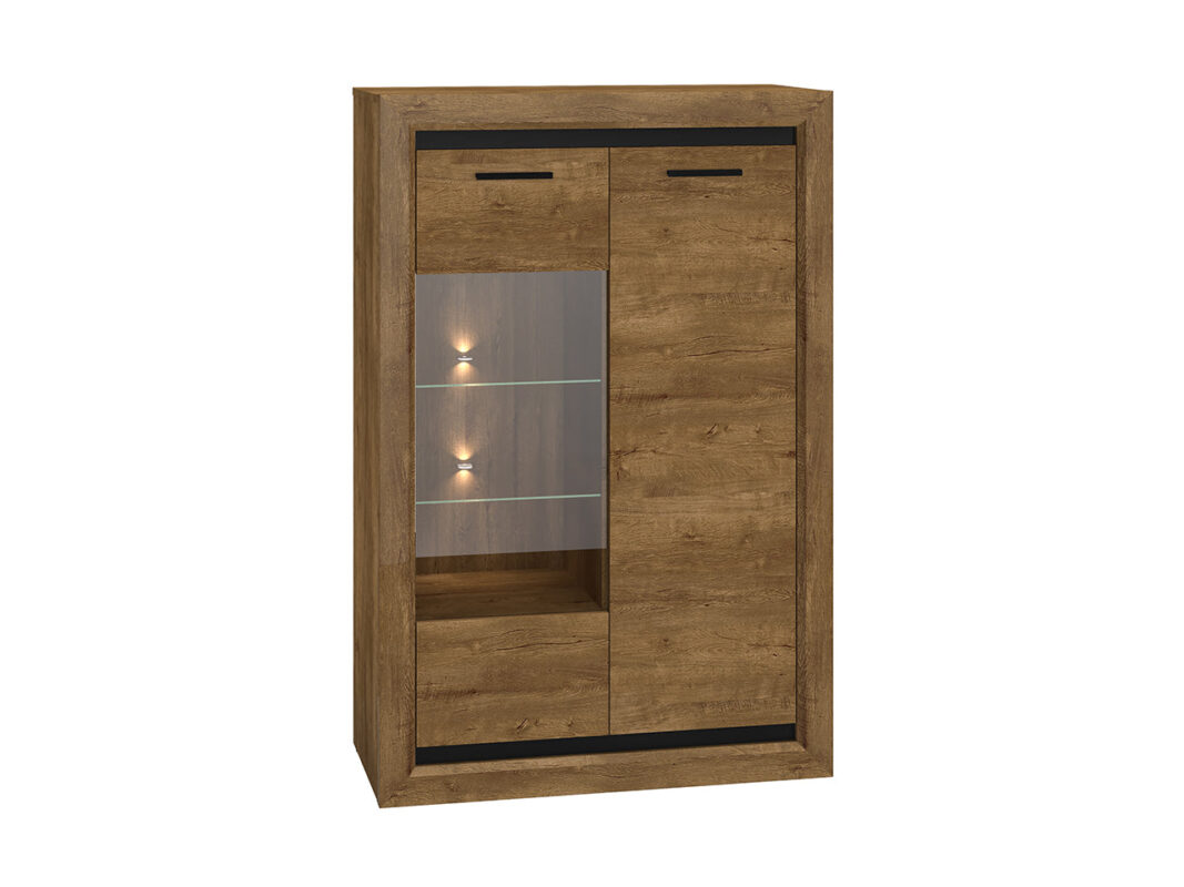 Vitrine Basse en Chêne de Lefkas et Noir – Style Industriel, Fonction Réversible et Éclairage LED en Option|Offre Spéciale|Decora Home