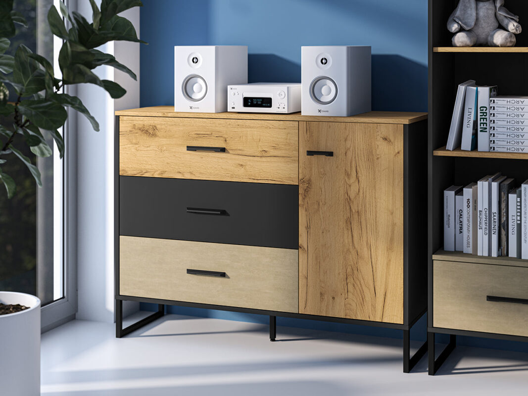 Buffet Design en Chêne Artisan Or et Noir – Tiroirs Renforcés à Extension Complète – Finition Acier Premium – 120 cm|Offre Spéciale|Decora Home