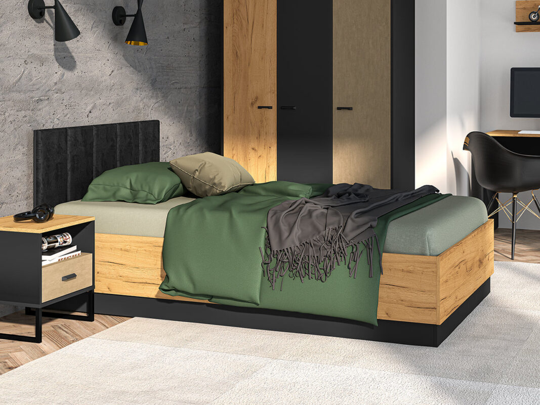 Lit avec Cadre de Levage Inclus en Chêne Craft Or et Noir – Tête de Lit en Velours Noir|Offre Spéciale|Decora Home