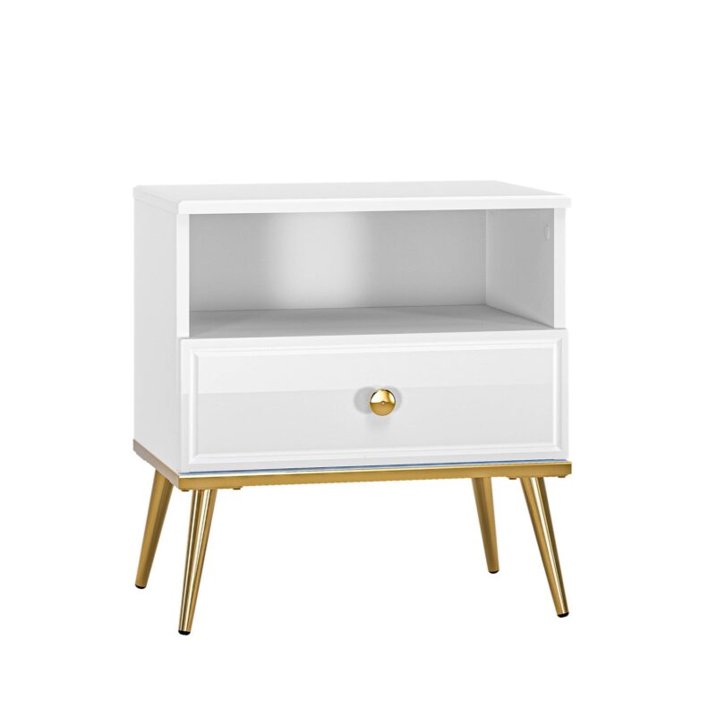 Table de Nuit Moderne Blanc Laqué Brillant avec pieds dorés|Offre Spéciale|Decora Home