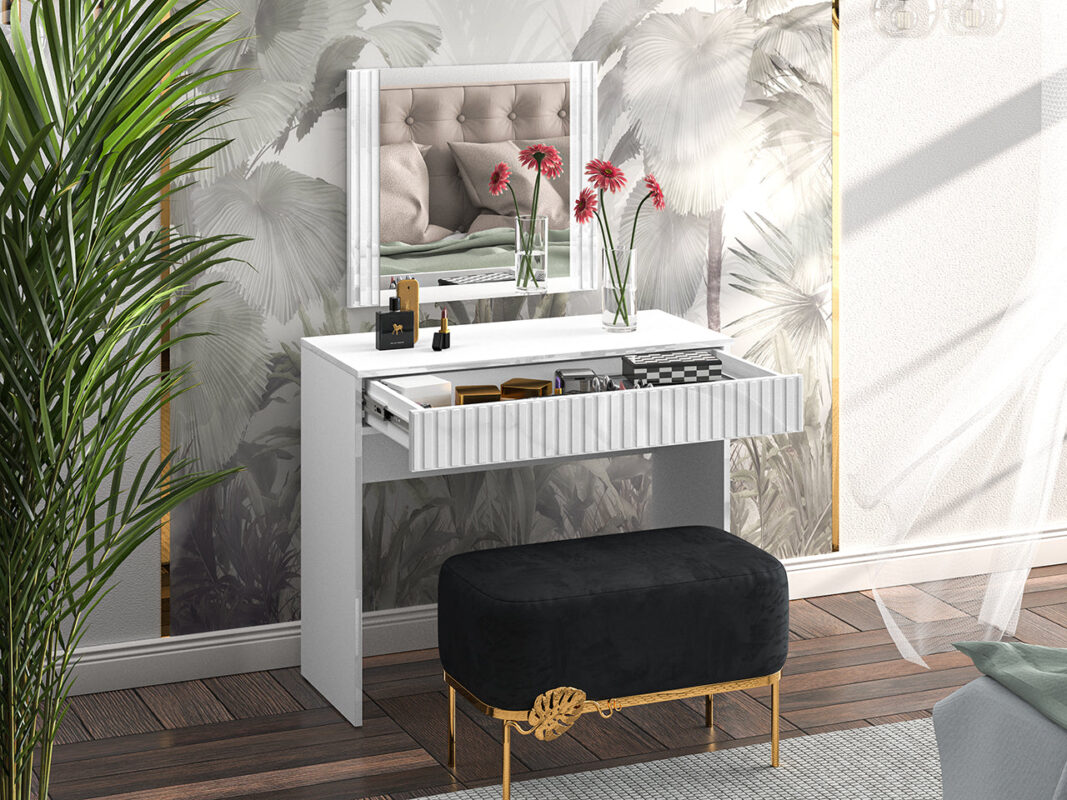 Coiffeuse Blanche Brillante avec Miroir LED et Poignées Élégantes - Design Moderne et Pratique|Offre Limitée|Decora Home