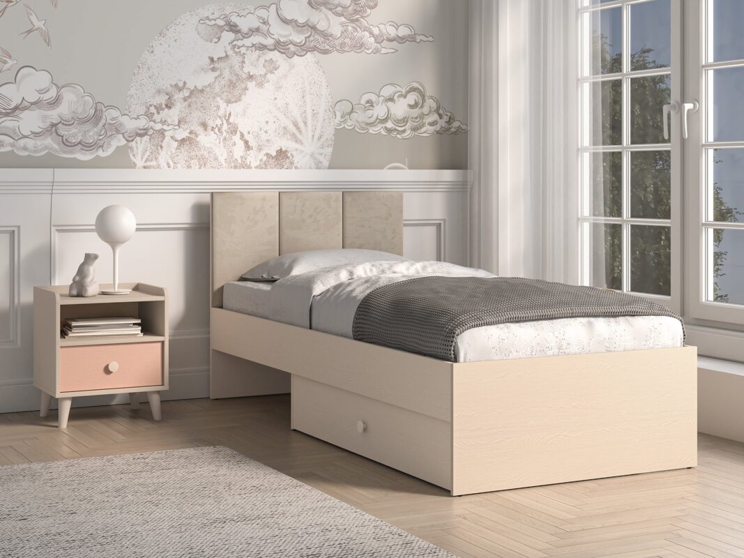 Lit enfant Moderne avec Tête de Lit en Velours Beige et Structure en Sable du Désert – Design Élégant et Confort Assuré|Dernières pièces|Decora Home