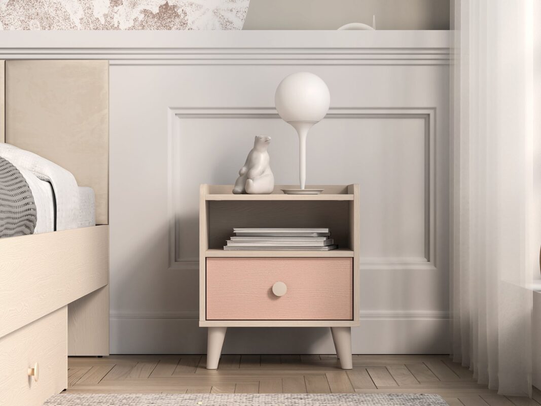 Table de chevet pour enfant en rose millénaire et sable du désert, avec bordure en ABS résistante aux chocs et à l'humidité|Dernières pièces|Decora Home