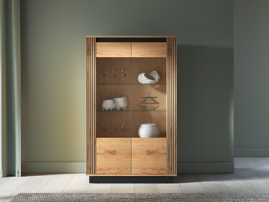 Vitrine  Moderne en Chêne Craft Gold et Noir avec Verre Trempé et Éclairage Optionnel|Offre Limitée|Decora Home