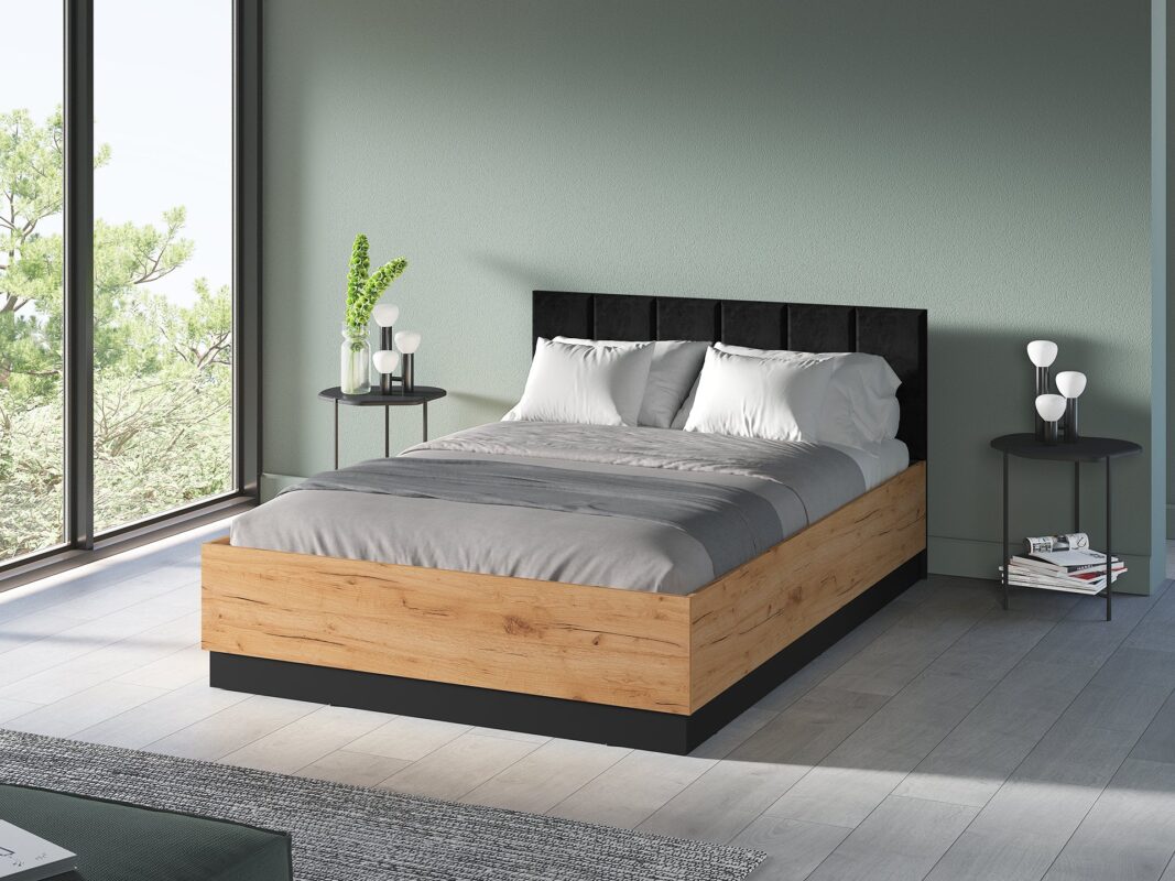 Lit en Chêne Craft Or + Noir avec Appuie-tête en Velours Noir – Confort et Élégance|Offre Limitée|Decora Home