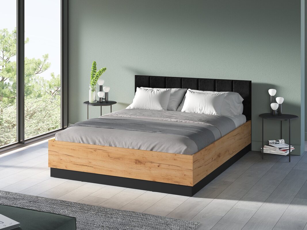 Lit en Chêne Craft Or + Noir avec Appuie-tête en Velours Noir – Design Élégant et Résistant|Offre Limitée|Decora Home
