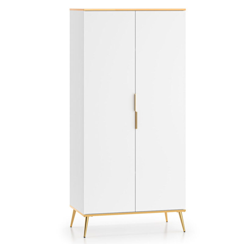 Armoire en bois blanc laqué mat avec structure dorée – Rangement moderne avec fermeture silencieuse|Destockage|Decora Home