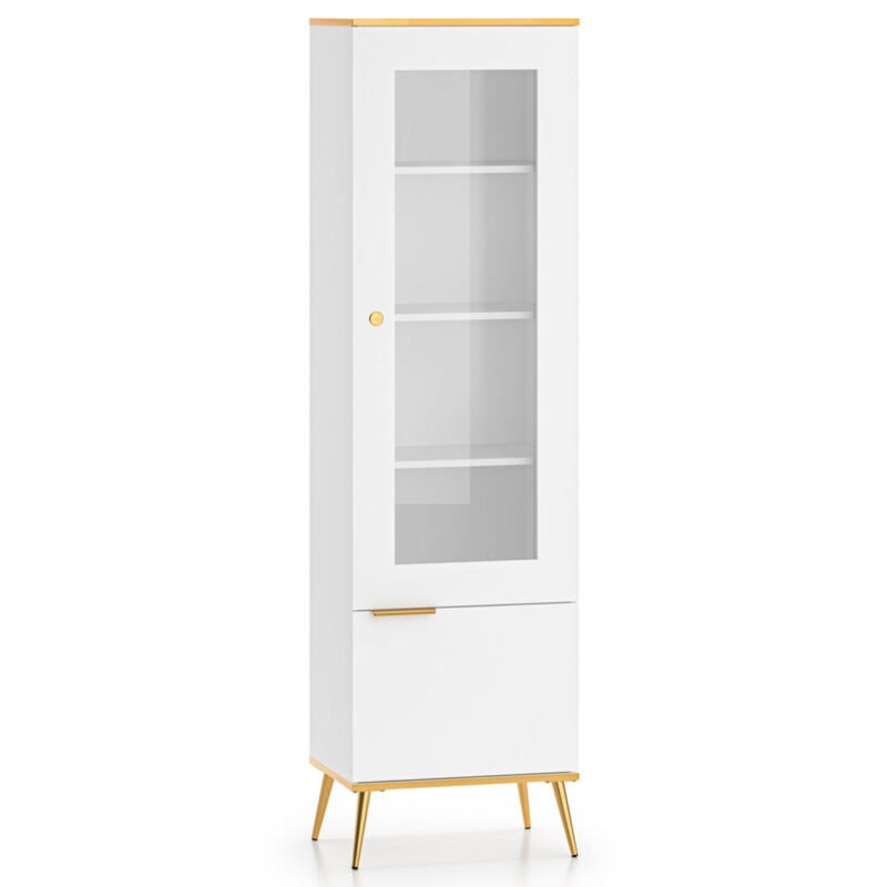 Vitrine haute en bois blanc laqué mat avec porte vitrée et structure dorée|Destockage|Decora Home