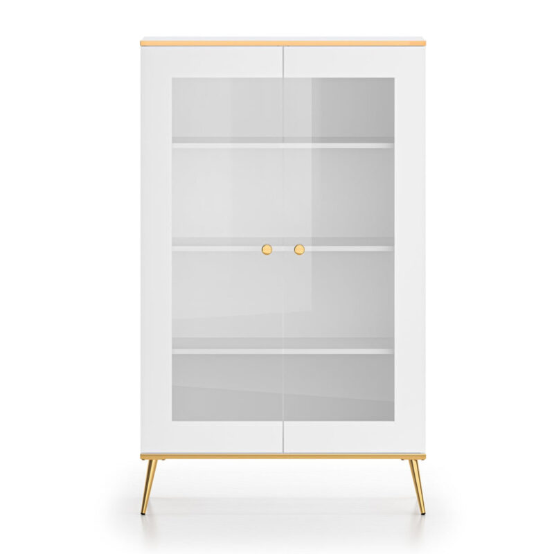 Vitrine en bois blanc laqué mat avec structure dorée et vitres|Destockage|Decora Home