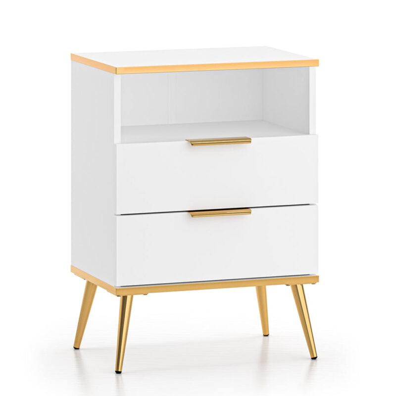 Table de chevet en bois blanc laqué mat et structure dorée|Destockage|Decora Home