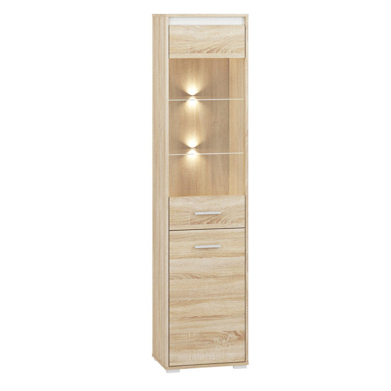 Vitrine Colonne avec Verre Trempé – Éclairage Optionnel – Design Sonoma Clair, Blanc et Anthracite|Offre Spéciale|Decora Home
